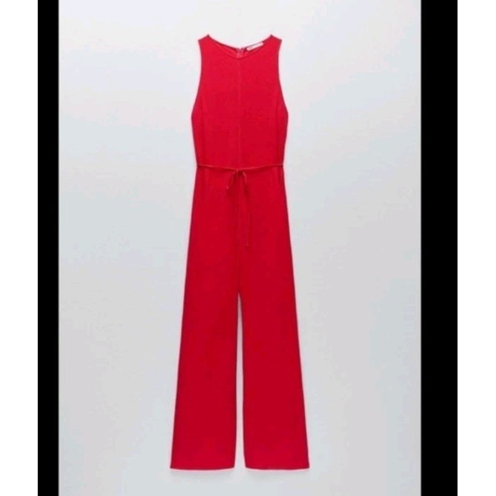 ZARA Flowy sleeveless Jumpsuit Knit Pink Red Wide-leg Resort Wear Minimalist Lrg